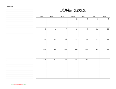 June Blank Calendar 2022 with Notes