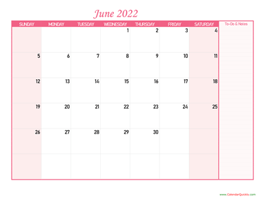 June Calendar 2022 with Notes