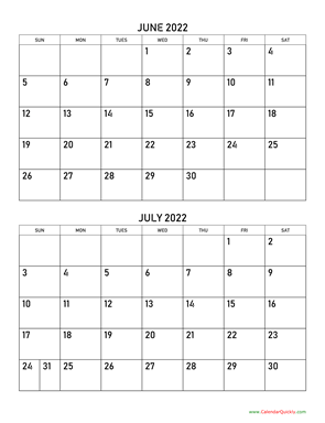 June and July 2022 Calendar Vertical