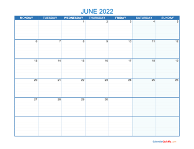 June Monday 2022 Blank Calendar