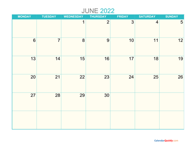 June Monday 2022 Calendar Printable