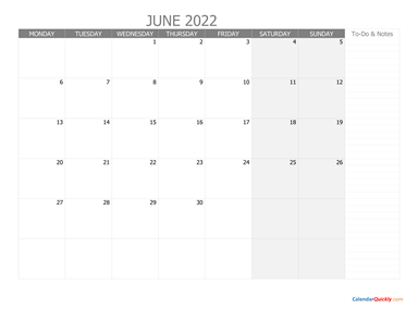 June Monday Calendar 2022 with Notes
