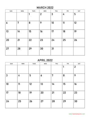 March and April 2022 Calendar Vertical
