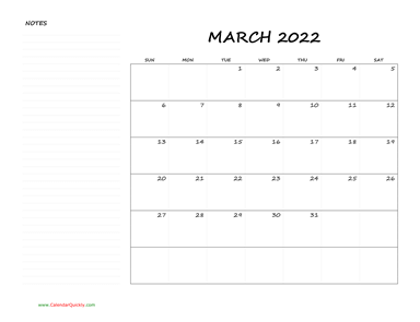March Blank Calendar 2022 with Notes
