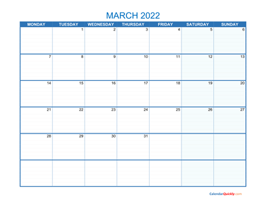 March Monday 2022 Blank Calendar
