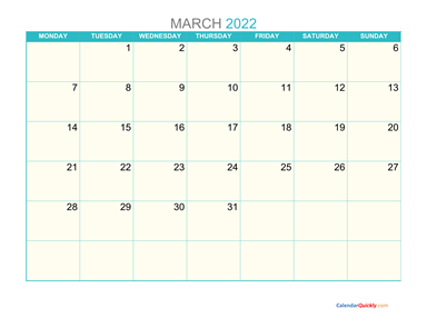 March Monday 2022 Calendar Printable