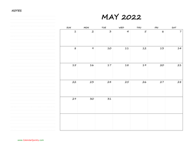 May Blank Calendar 2022 with Notes