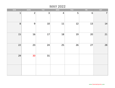 May Calendar 2022 with Holidays