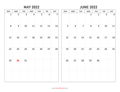 May and June 2022 Calendar Horizontal