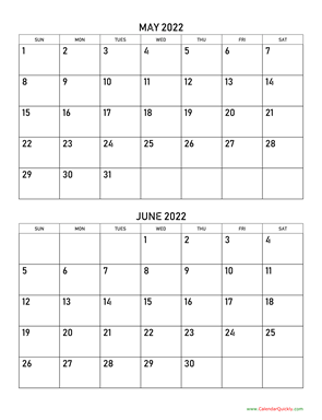 May and June 2022 Calendar Vertical