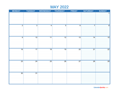 May Monday 2022 Blank Calendar