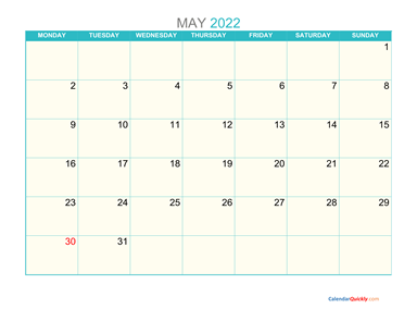 May Monday 2022 Calendar Printable