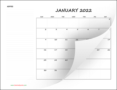 Monthly Blank Calendar 2022 with Notes