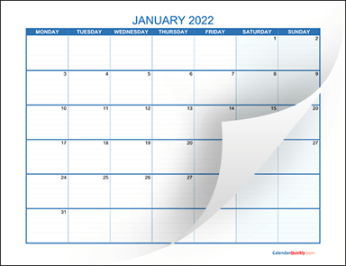 Monthly Monday 2022 Blank Calendar