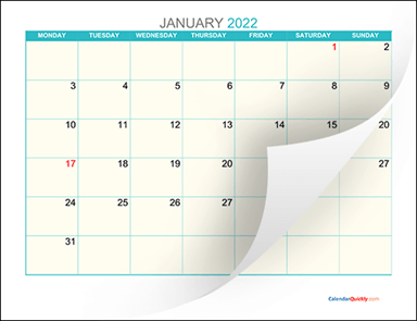 Monthly Monday 2022 Calendar Printable