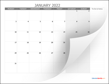 Monthly Monday Calendar 2022 with Notes