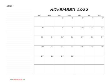November Blank Calendar 2022 with Notes