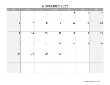 November Calendar 2022 with Holidays