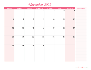 November Calendar 2022 with Notes