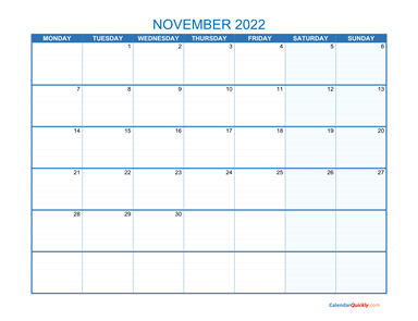 November Monday 2022 Blank Calendar
