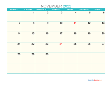 November Monday 2022 Calendar Printable