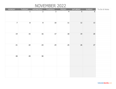 November Monday Calendar 2022 with Notes