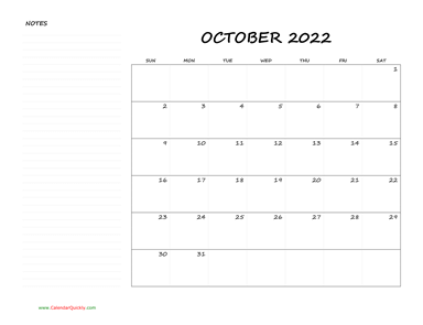 October Blank Calendar 2022 with Notes