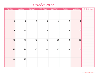 October Calendar 2022 with Notes