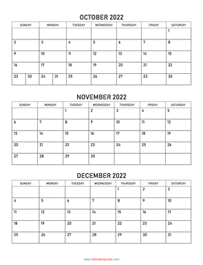 October to December 2022 Calendar Vertical