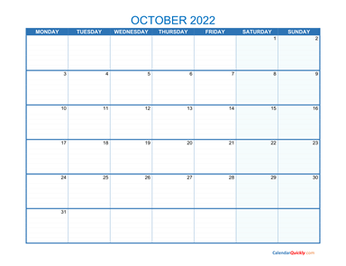 October Monday 2022 Blank Calendar