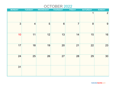 October Monday 2022 Calendar Printable