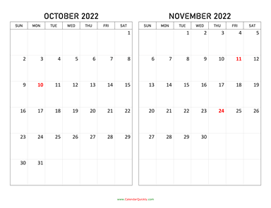 October and November 2022 Calendar Horizontal