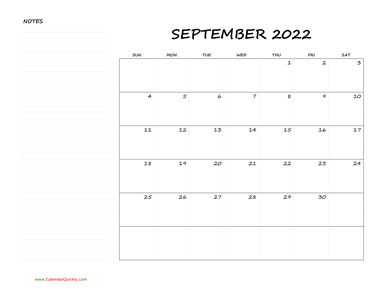 September Blank Calendar 2022 with Notes