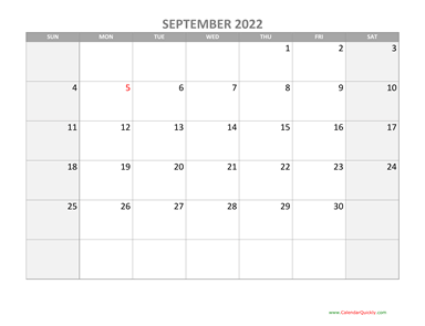 September Calendar 2022 with Holidays