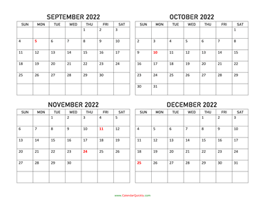 September to December 2022 Calendar