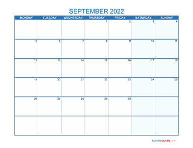 September Monday 2022 Blank Calendar