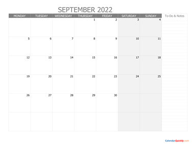 September Monday Calendar 2022 with Notes
