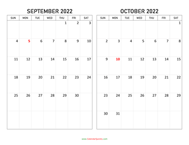 September and October 2022 Calendar Horizontal