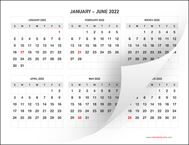 Six Months 2022 Calendar Horizontal