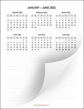 Six Months 2022 Calendar with Notes