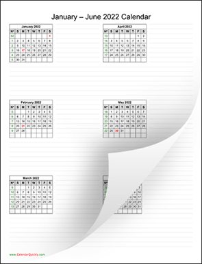 Six Months 2022 Calendar Vertical