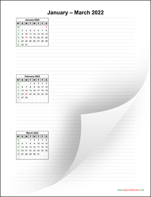 Three Months 2022 Calendar with Notes