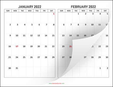 Two Months 2022 Calendar Horizontal