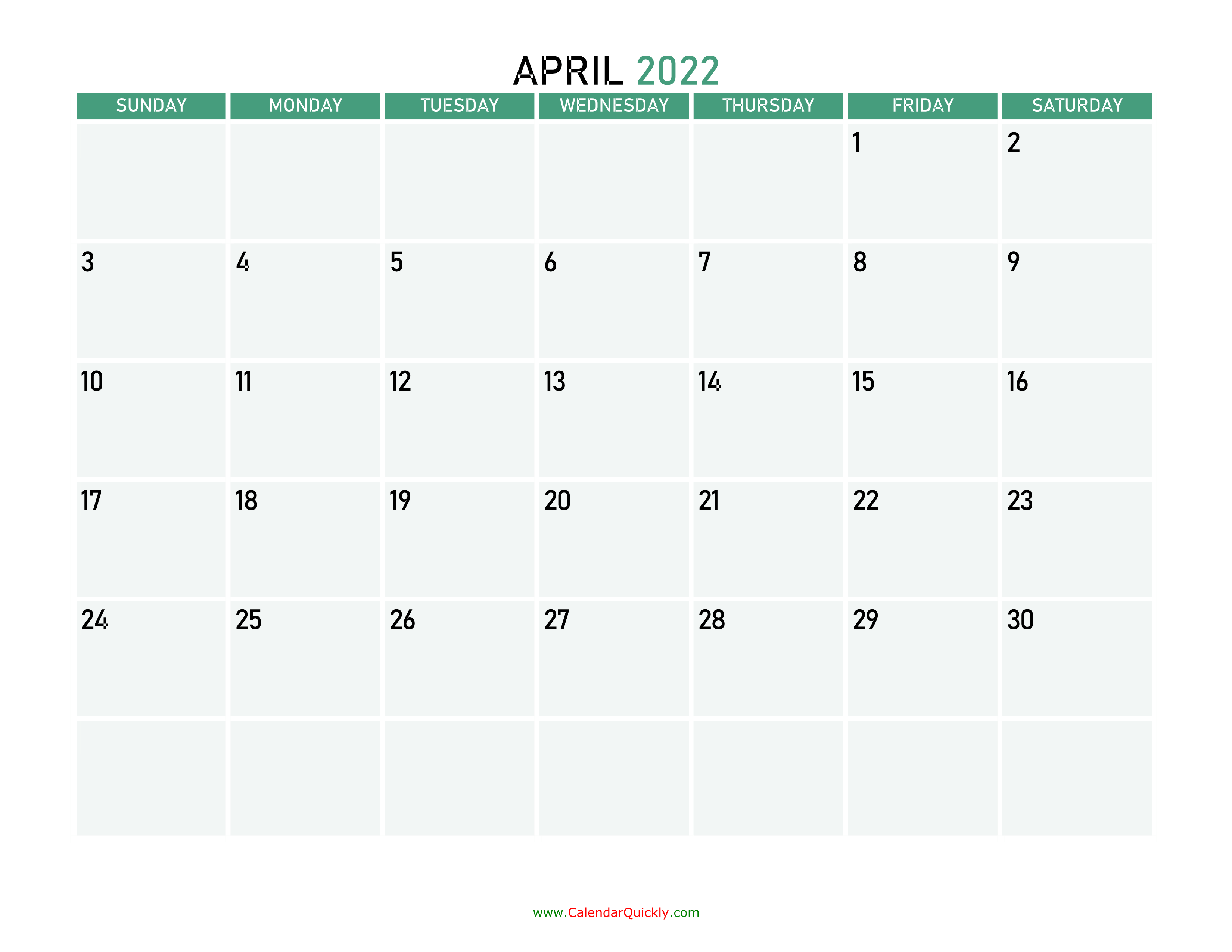 April 2022 Printable Calendar Calendar Quickly