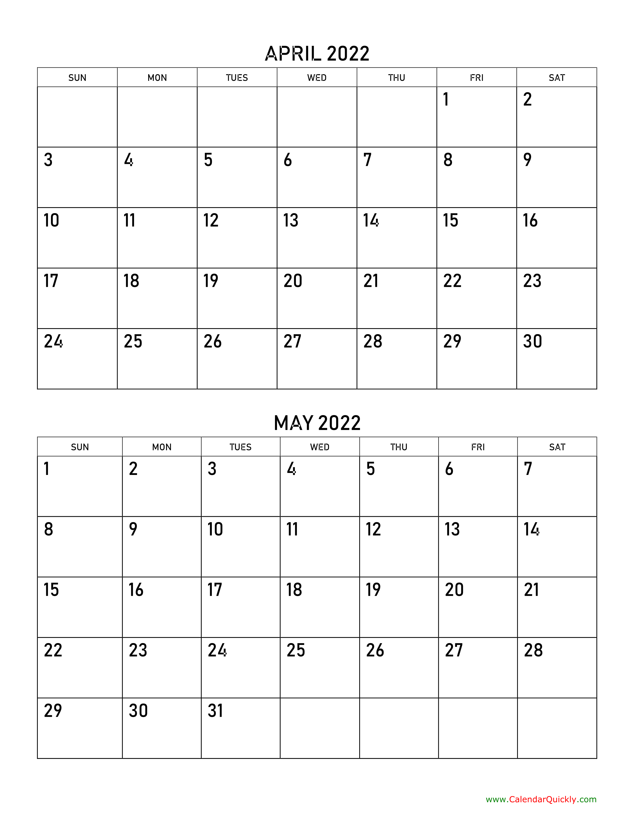 April 2022 Vertical Calendar