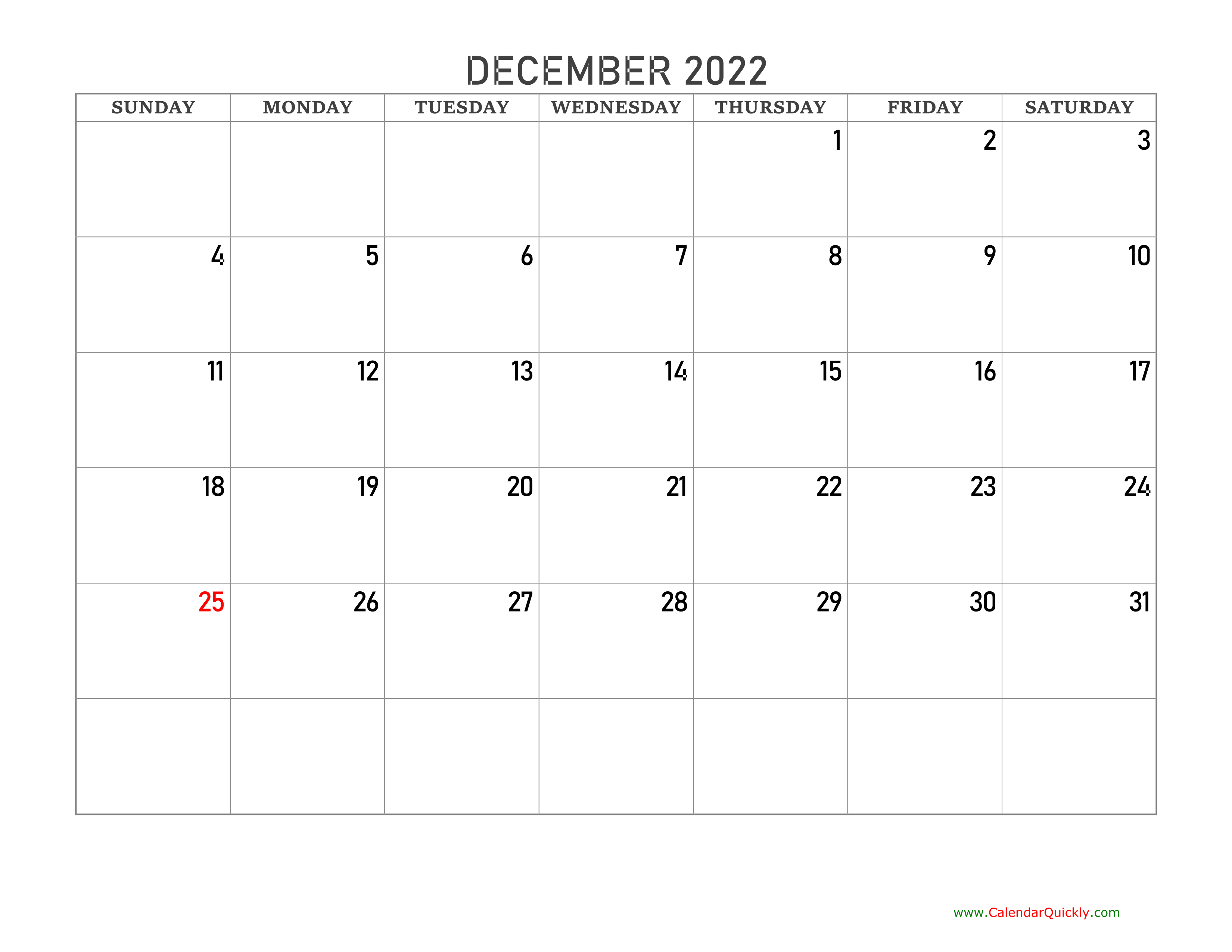Printable Calendar Free December 2022