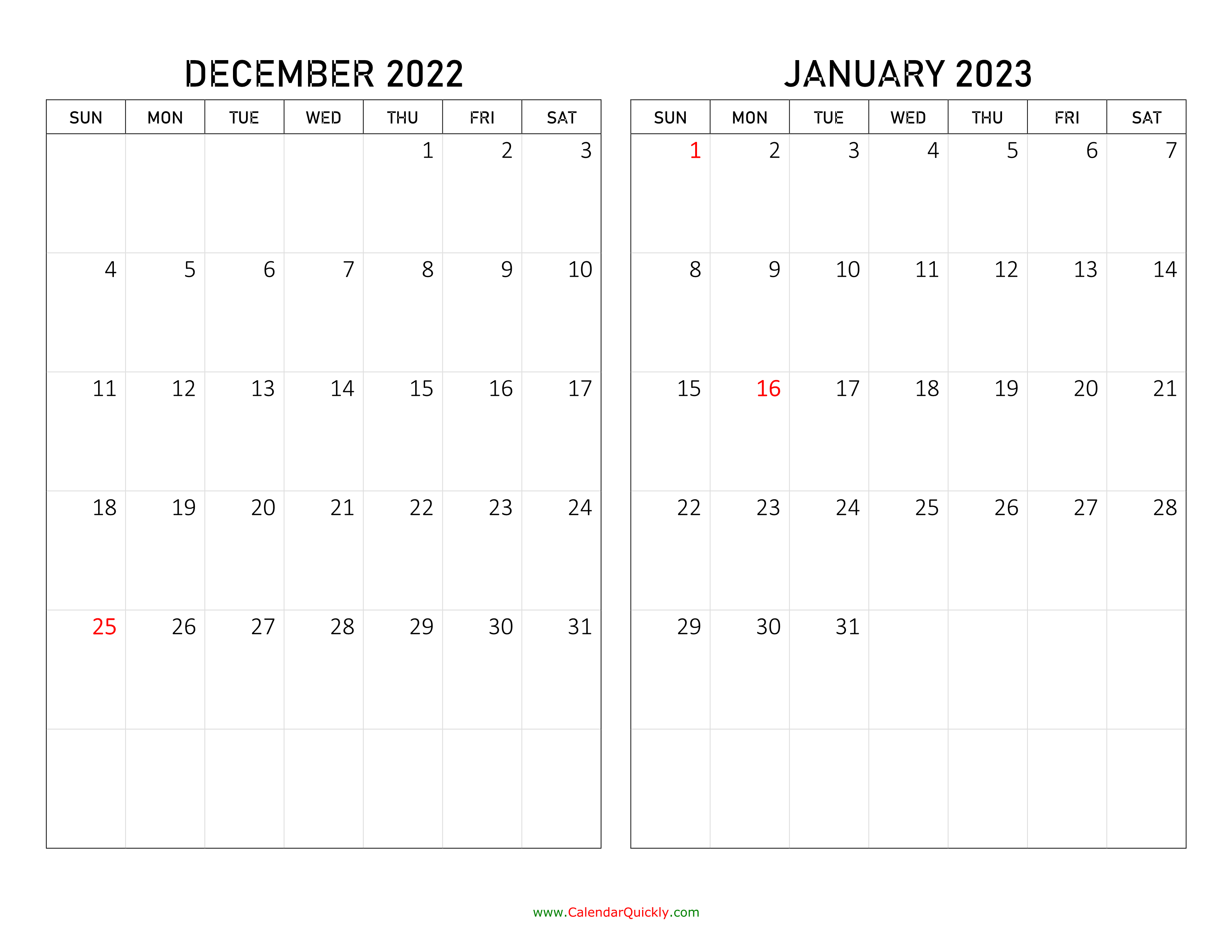 December 2022 and January 2023 Calendar | Calendar Quickly