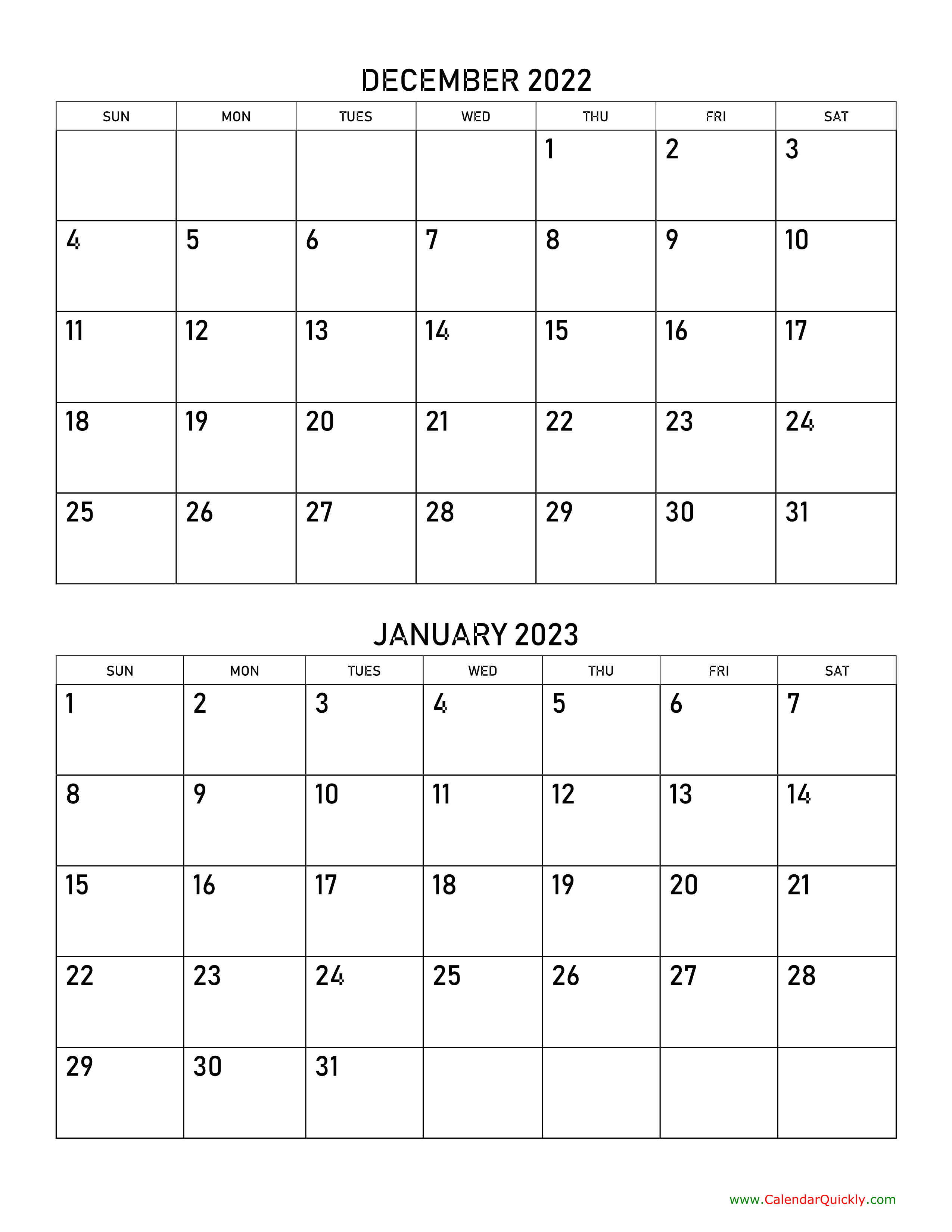 December 2022 and January 2023 Calendar Calendar Quickly