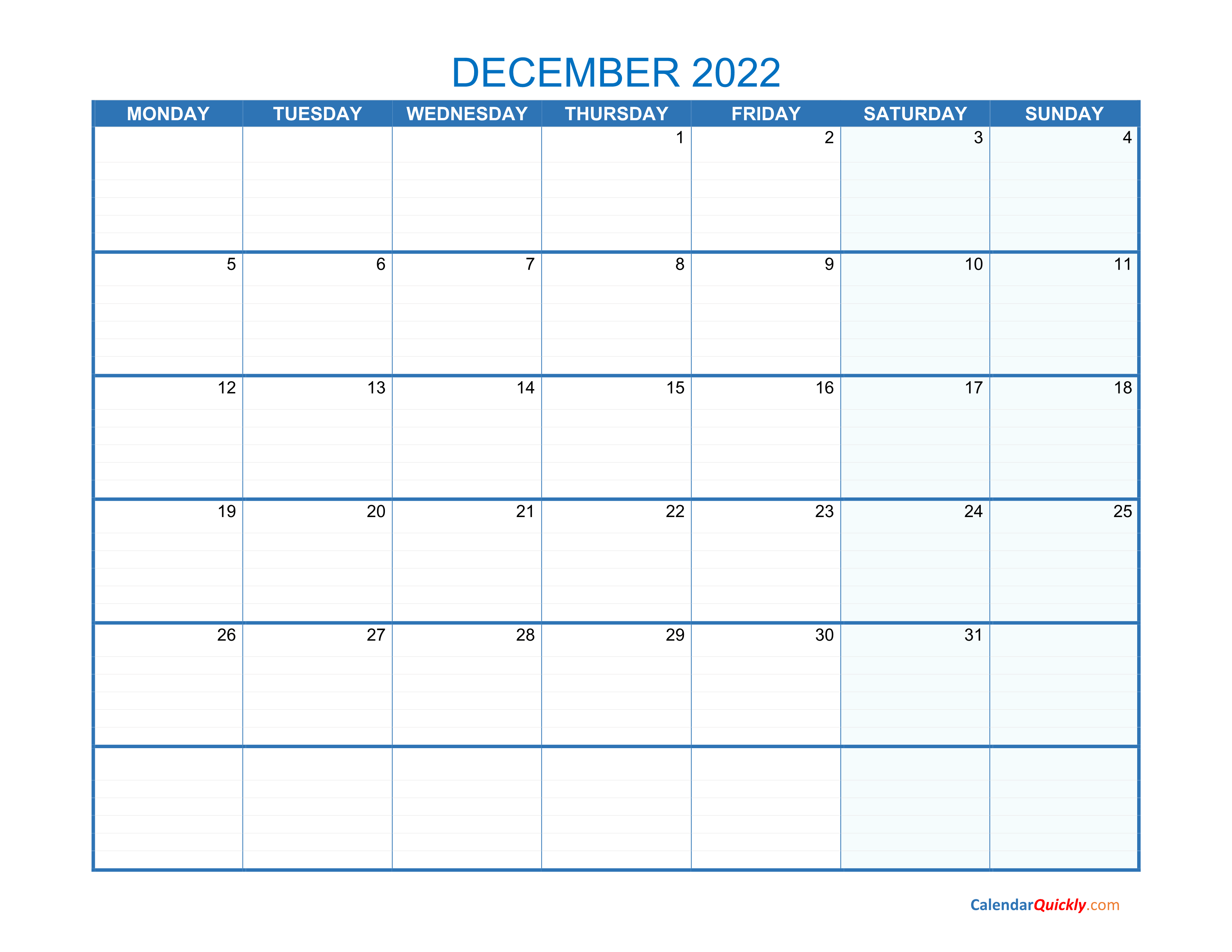 December Monday 2022 Blank Calendar | Calendar Quickly