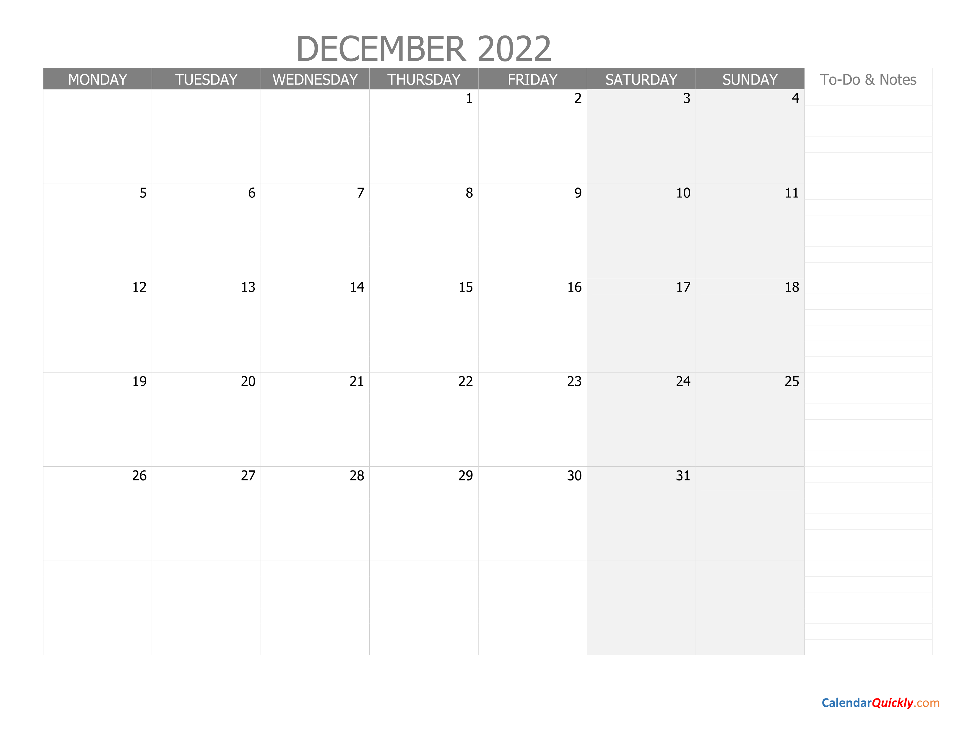 December Monday Calendar 2022 With Notes Calendar Quickly